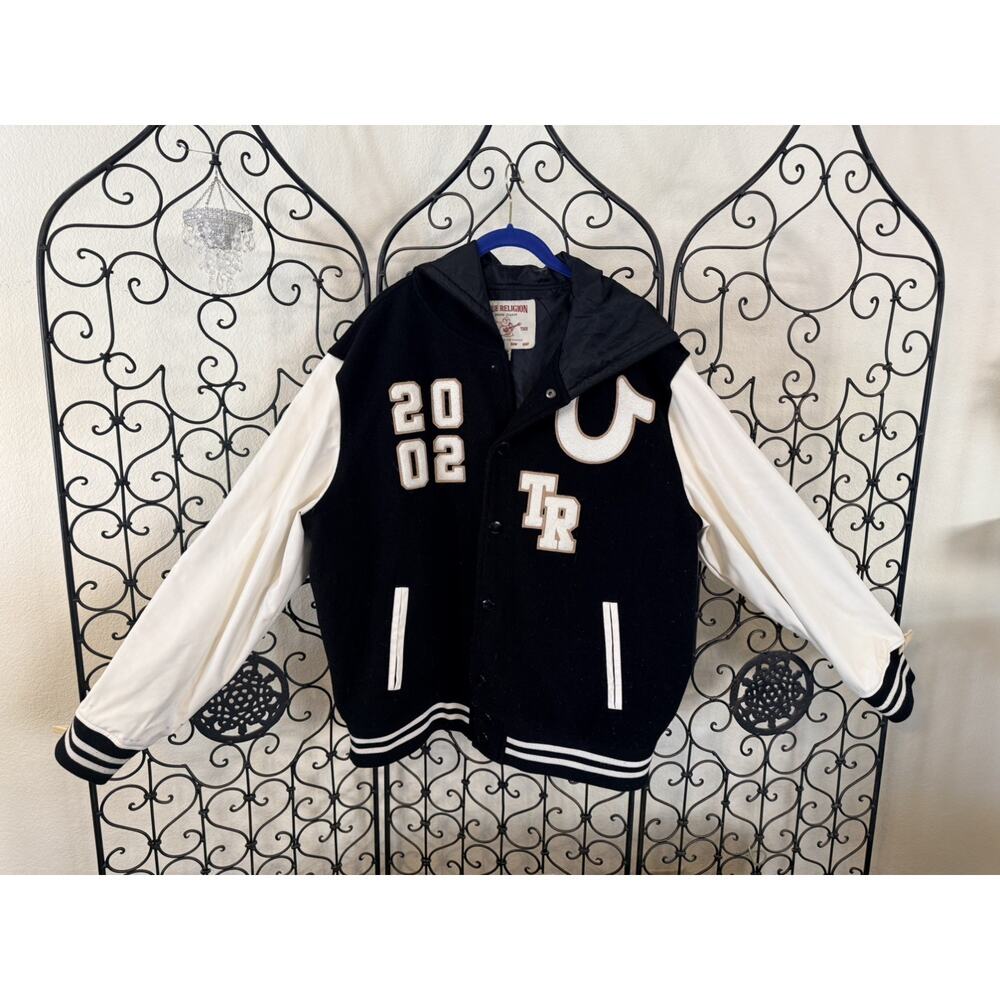 True Religion Men's Black White Varsity Jacket Hooded Button Logo Accents - XL - Picture 5 of 7